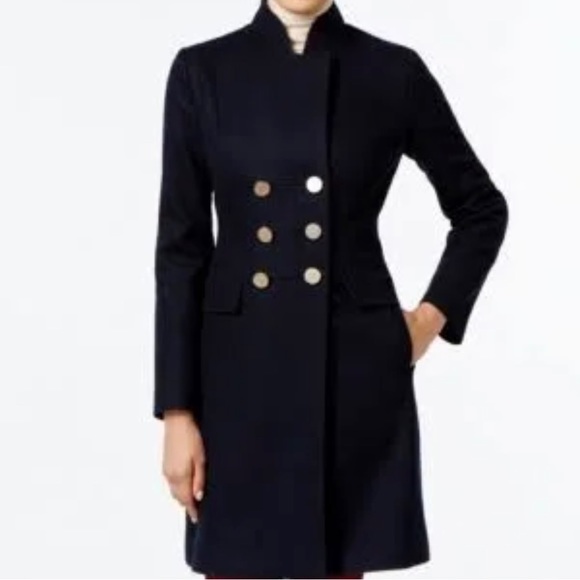 NWT T Tahari Wool Peacoat Classic Double Breast Military Coat,Navy/Gold XS, M - Picture 5 of 15